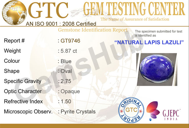5.87 ct Natural Certified Lapis Lazuli (Lajwart)